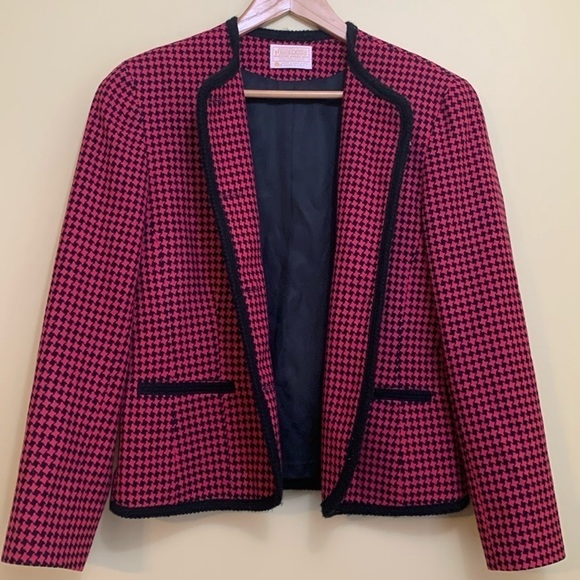 Pendleton Vintage Raspberry Red Black Houndstooth Wool Button Blazer Jacket 10 - Picture 1 of 17
